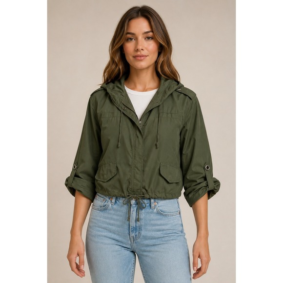 Forever 21 Jackets & Blazers - Forever 21 Utility Jacket Womens XS Olive Green Hooded Roll Tab Military Coat